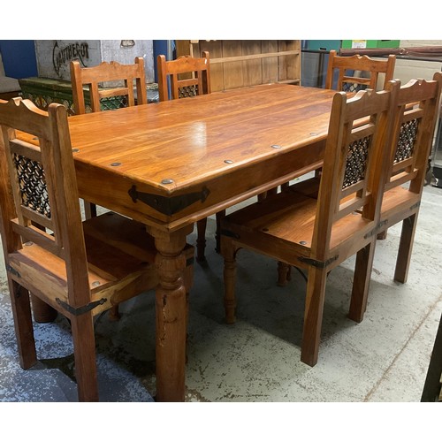 758 - Mexican hardwood table, 184cm x 91cm x 79cm, with 6 matching dining chairs