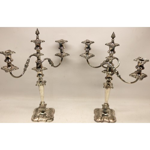 829 - 20th Century, pair of  Georgian style EPNS three sconce candelabra with reeded arms, H53cm