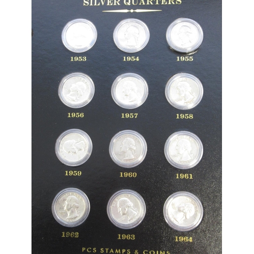 95 - PCS Stamps & Coins - A Century of U.S. Silver Quarters incomplete in original folder w/slip-case, mi... 