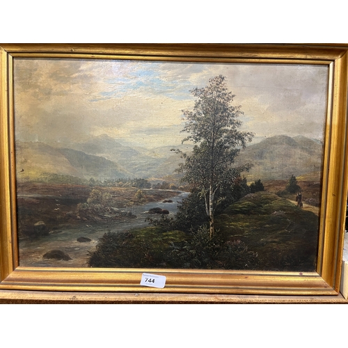 744 - English School (19th century); Highland river landscape with figures, oil on canvas, indistinctly si... 