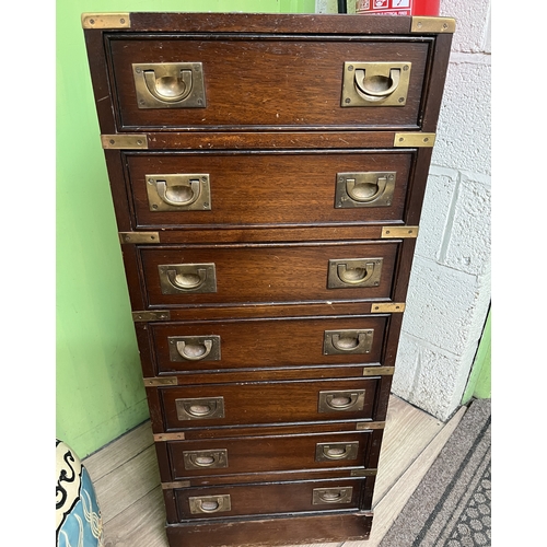 750 - Campaign style chest of seven drawers with recessed brass handles, W40cm D31cm H94cm