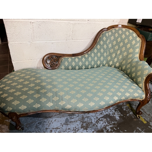 752 - Victorian rosewood framed serpentine chaise longue, pierced scroll back on cabriole legs, W170cm H90... 