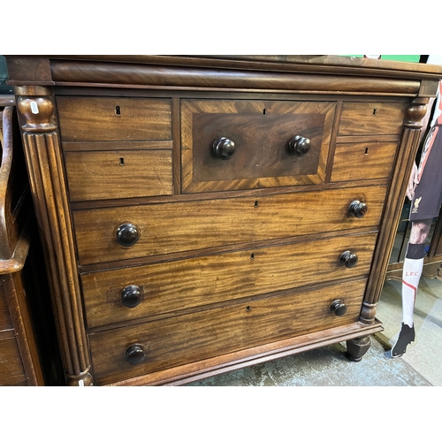 754 - Victorian mahogany Scotch chest, with bonnet drawer above three long drawers enclosed by fluted colu... 