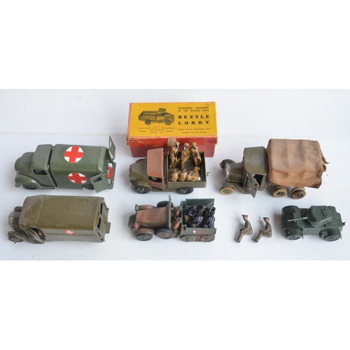 80 - Collection of metal vintage army vehicles to include drivers and crew including a W. Britain's Beetl... 