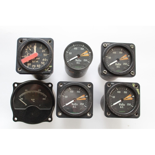 1390 - Set of four cockpit voltage dials, rev' counter, temperature gauge(6)