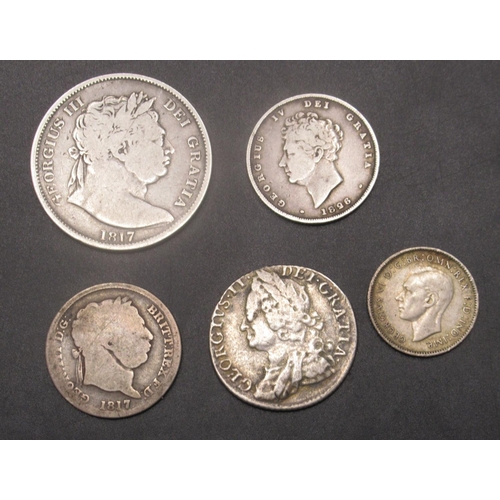  1758 George II Shilling, 1817 George III Half Crown, 1817 George III Shilling, 1826 George III Shill... 