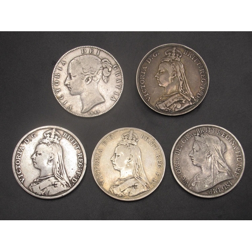  Queen Victoria - 1845 Crown, 1889 Crown, 1890 Crown, 1892 Crown and a 1893 Crown 4.4ozt gross (5)