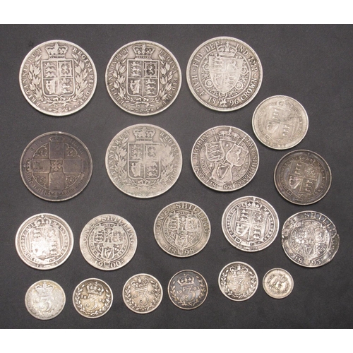 37A - Collection of Queen Victoria silver content coins incl. shillings, half-crowns, 3d and a 1845 Three-... 