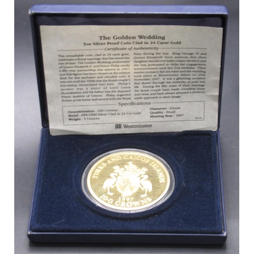 103A - Westminster Mint - The Golden Wedding 5oz Silver Proof Coin Clad in 24 Carat Gold, Turks and Caicos ... 