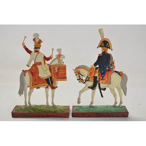 105 - Collection of metal flats and pressed tin figures to include 100mm mounted kettle drummer and trumpe... 