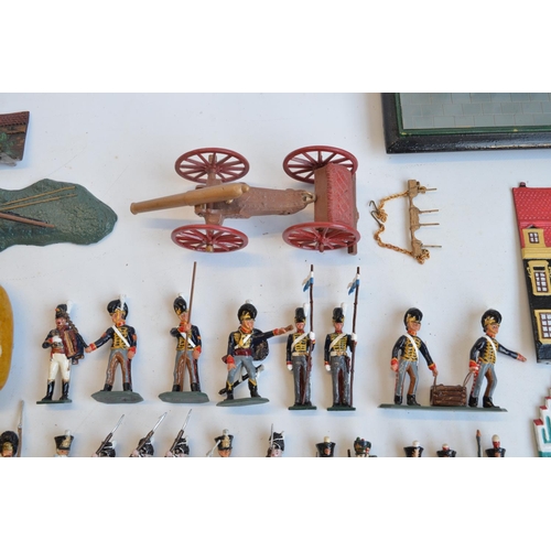 122 - Mixed collection of home painted metal soldiers (standing figure height approx 6cm) and accessories,... 