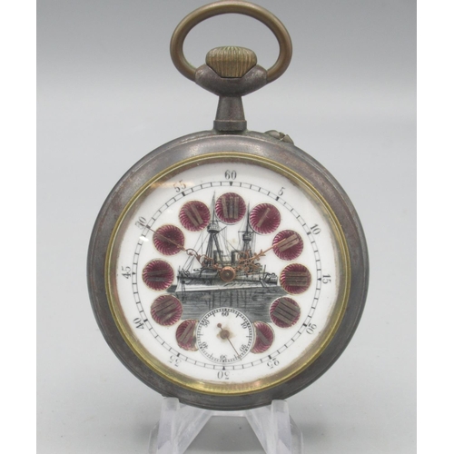 1594 - Swiss Goliath steel keyless pin set pocket watch, white porcelain Roman dial decorated with a pre Dr... 