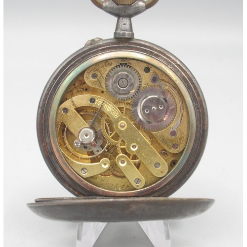 1594 - Swiss Goliath steel keyless pin set pocket watch, white porcelain Roman dial decorated with a pre Dr... 