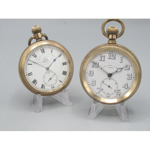 1595 - Thos. Russell & Sons, Liverpool, rolled gold keyless pocket watch, signed white enamel Arabic dial, ... 