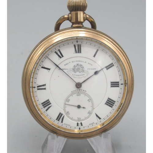 1595 - Thos. Russell & Sons, Liverpool, rolled gold keyless pocket watch, signed white enamel Arabic dial, ... 