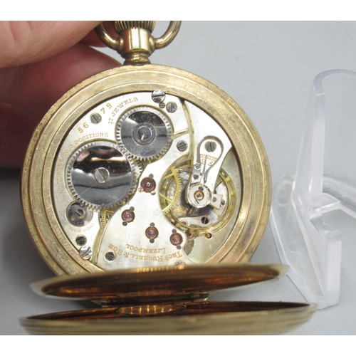 1595 - Thos. Russell & Sons, Liverpool, rolled gold keyless pocket watch, signed white enamel Arabic dial, ... 