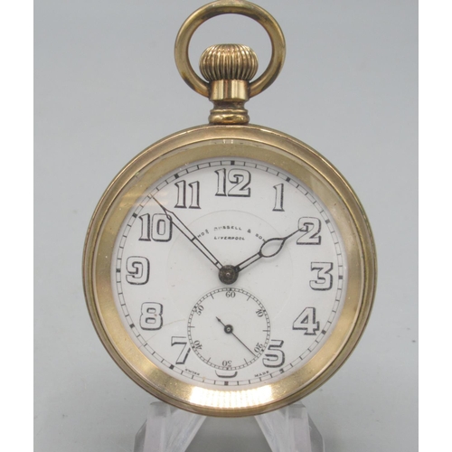 1595 - Thos. Russell & Sons, Liverpool, rolled gold keyless pocket watch, signed white enamel Arabic dial, ... 