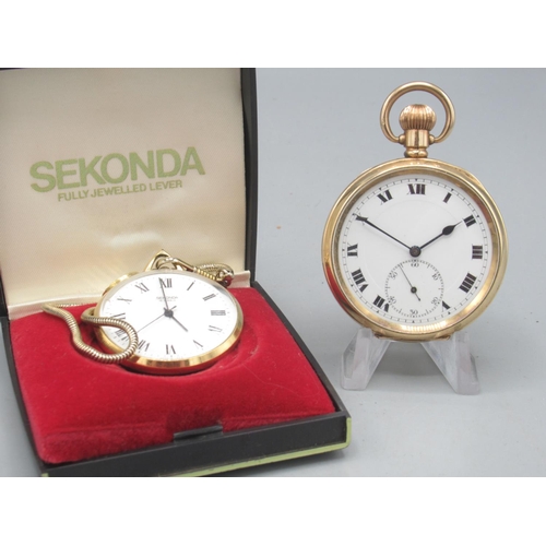 1596 - Buren rolled gold keyless pocket watch, stepped white enamel Roman dial, subsidiary seconds, Denniso... 