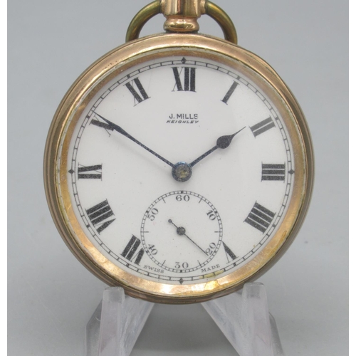 1597 - Lancashire Watch Co. Ltd., Vigil rolled gold keyless pocket watch, signed white enamel Roman dial, s... 