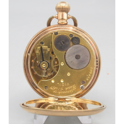 1597 - Lancashire Watch Co. Ltd., Vigil rolled gold keyless pocket watch, signed white enamel Roman dial, s... 