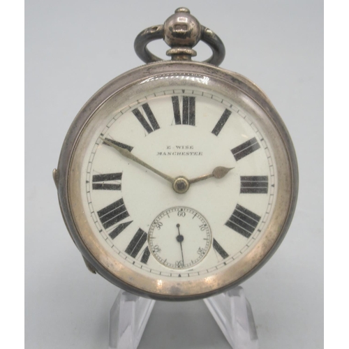 1599 - E. Wise, Manchester silver key wound pocket watch, signed white enamel Roman dial, subsidiary second... 