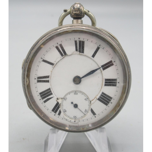 1599 - E. Wise, Manchester silver key wound pocket watch, signed white enamel Roman dial, subsidiary second... 