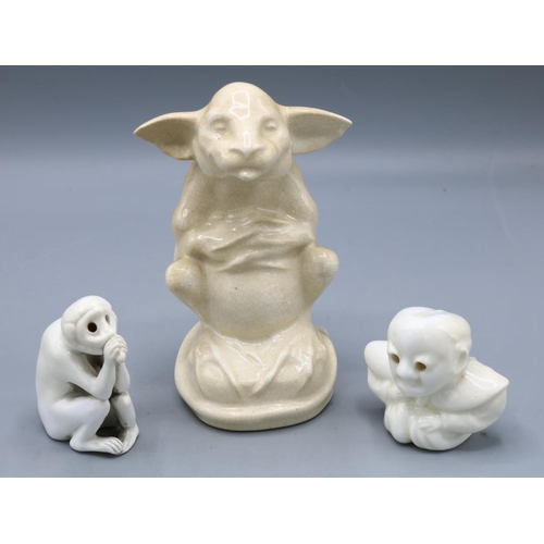 326 - Bernard Moore 'Gazeka' porcelain grotesque figure, 'Daikokan', and a monkey, white glazed, unsigned,... 