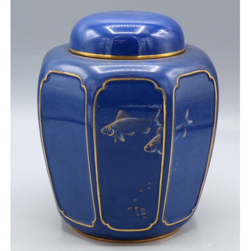 327 - Royal Worcester Sabrina Ware panelled ginger jar and cover, blue glaze with gilt highlights and fish... 