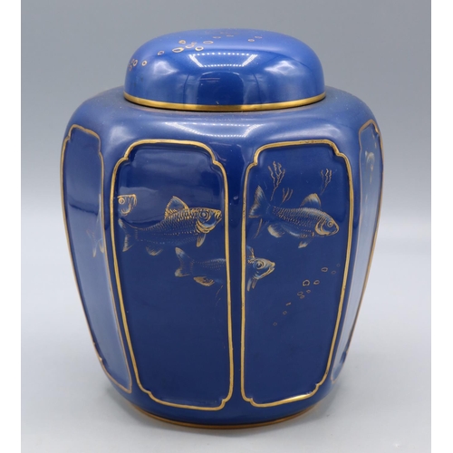 327 - Royal Worcester Sabrina Ware panelled ginger jar and cover, blue glaze with gilt highlights and fish... 