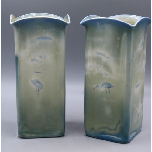 328 - Pair of Royal Worcester Sabrina Ware vases, blue and green glaze with wading storks, H19cm (2)