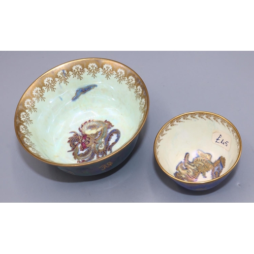 340 - Two Wedgwood Dragon Lustre teabowls, D10cm/D6cm