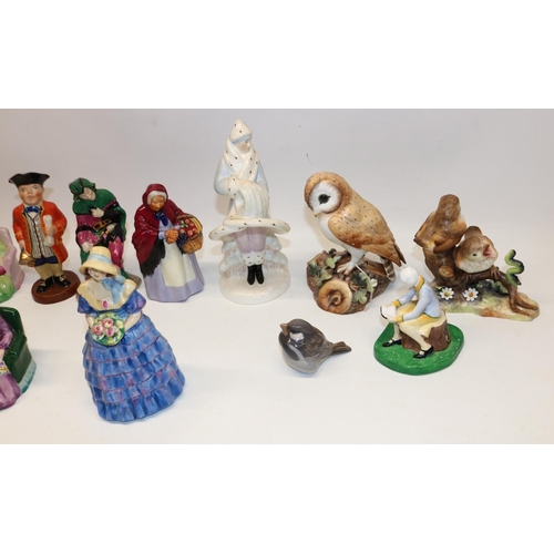 358 - Royal Crown Derby Barn Owl and Thrush Chicks, with boxes; pair of Staffordshire figures of sheep far... 