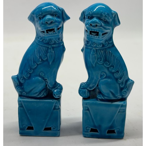 196 - Four pairs of 20th century porcelain Dogs of Foo, three pairs with all over turquoise glaze and one ... 