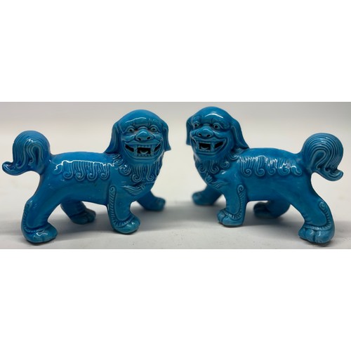 196 - Four pairs of 20th century porcelain Dogs of Foo, three pairs with all over turquoise glaze and one ... 