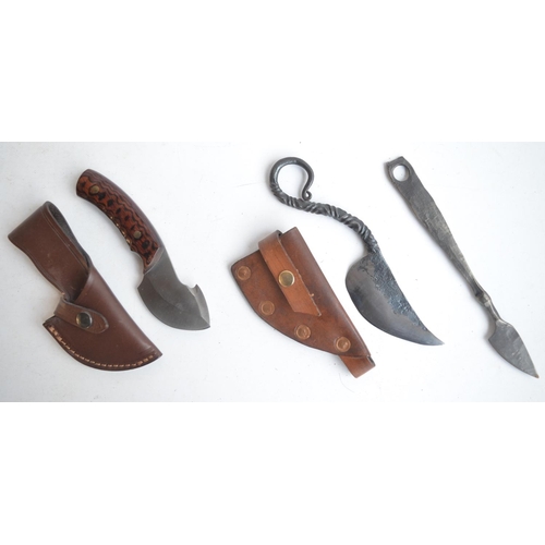 1295 - Three small knives to include a hand forged Viking/Celtic style example with curled handle and sheat... 