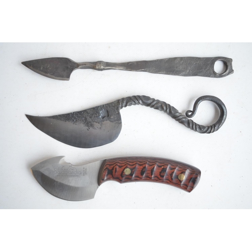 1295 - Three small knives to include a hand forged Viking/Celtic style example with curled handle and sheat... 