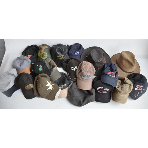 1301 - Collection of baseball caps, a flat cap (small/medium), an Australian style leather hat by Hawkins (... 