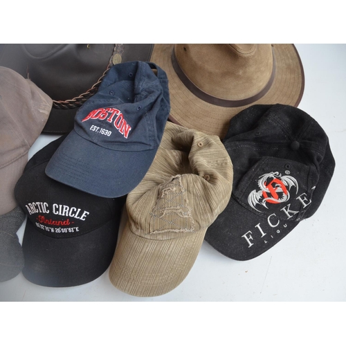 1301 - Collection of baseball caps, a flat cap (small/medium), an Australian style leather hat by Hawkins (... 