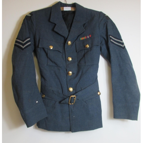 1447 - Two circa mid-century RAF tunics with caps, W45cm. Also with trousers and a RAF great coat, W54cm. (... 