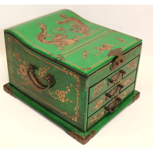 1252 - Late 20th century Chinese vanity box, green lacquer with gilt detail, H18cm W25cm D31cm