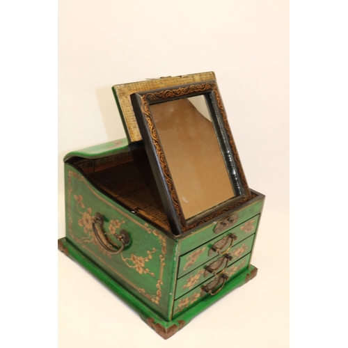 1252 - Late 20th century Chinese vanity box, green lacquer with gilt detail, H18cm W25cm D31cm