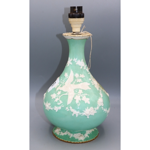 324 - Royal Crown Derby Chinese Birds pattern mint green and white table lamp, H25.5cm excl. fitting