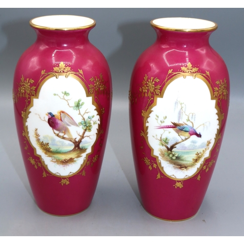 333 - Pair of mid-late 20th century Minton cerise glazed vases, decorated with Asiatic pheasants, H20cm