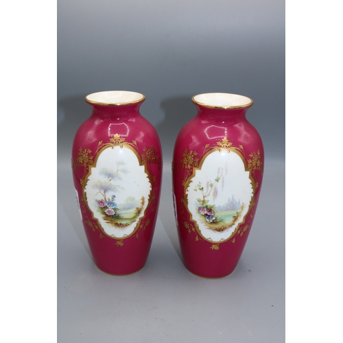 333 - Pair of mid-late 20th century Minton cerise glazed vases, decorated with Asiatic pheasants, H20cm