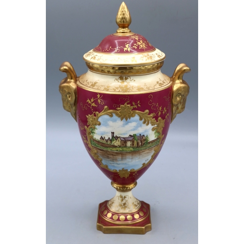 334 - Coalport urn and cover, with a cartouche scene of Madeley Court painted by Peter Gosling, limited ed... 