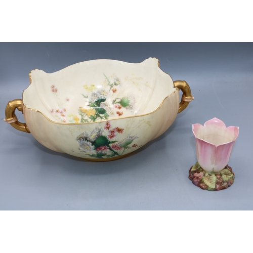 363 - Royal Worcester blush ivory bowl no. 1435,D28cm, and small pink flower form vase no. 3204, H7.5cm (2... 