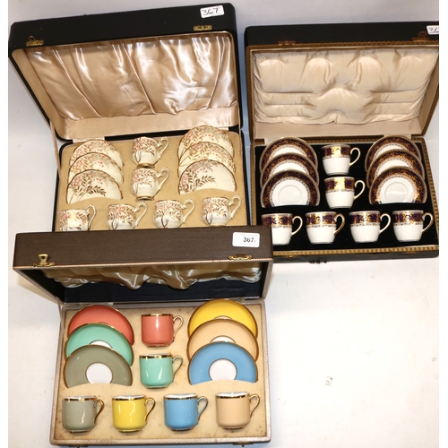 367 - Three cased coffee sets, comprising c1930s Royal Albert 9088 pattern set with EPNS spoons, Spode Cop... 