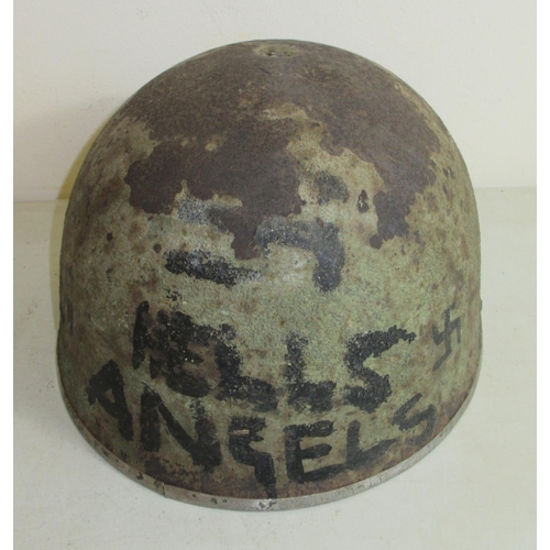 1442 - British MkII WWII era armoured crew helmet adorned with Hells Angels symbols. Also with British Mk42... 