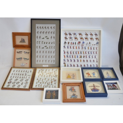 74 - Collection of thirteen framed hand painted alloy flat mostly soldier figures/figure sets to include ... 