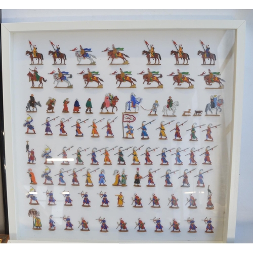 74 - Collection of thirteen framed hand painted alloy flat mostly soldier figures/figure sets to include ... 